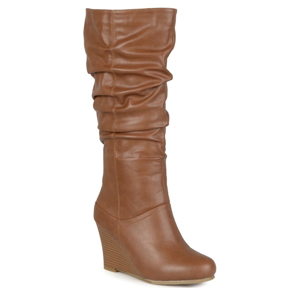 JOURNEE Tan Wide Calf Knee High Wedge Heel Boots